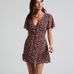 Mini Dress Floral Chiffon Flutter Sleeves V Neck Date Night Coquette US 8 Showpo